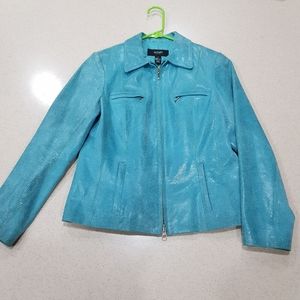 ALFANI Genuine Leather Jacket Aqua Blue Turquoise Teal S Animal Print Weathered